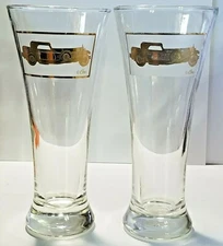Lot of 2 Cera Frosted & Gold Logo Automobile Drinking Glasses 