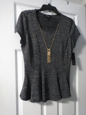 BCX Black Marbled Peplum Junior Top with Gold Tone Detachable Necklace, sz L