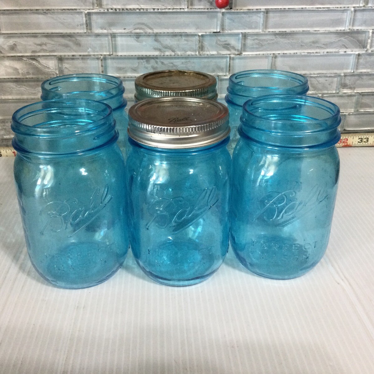 SET OF 6 BALL MASON JAR-BLUE-100 Year Anniversary 1913-1915