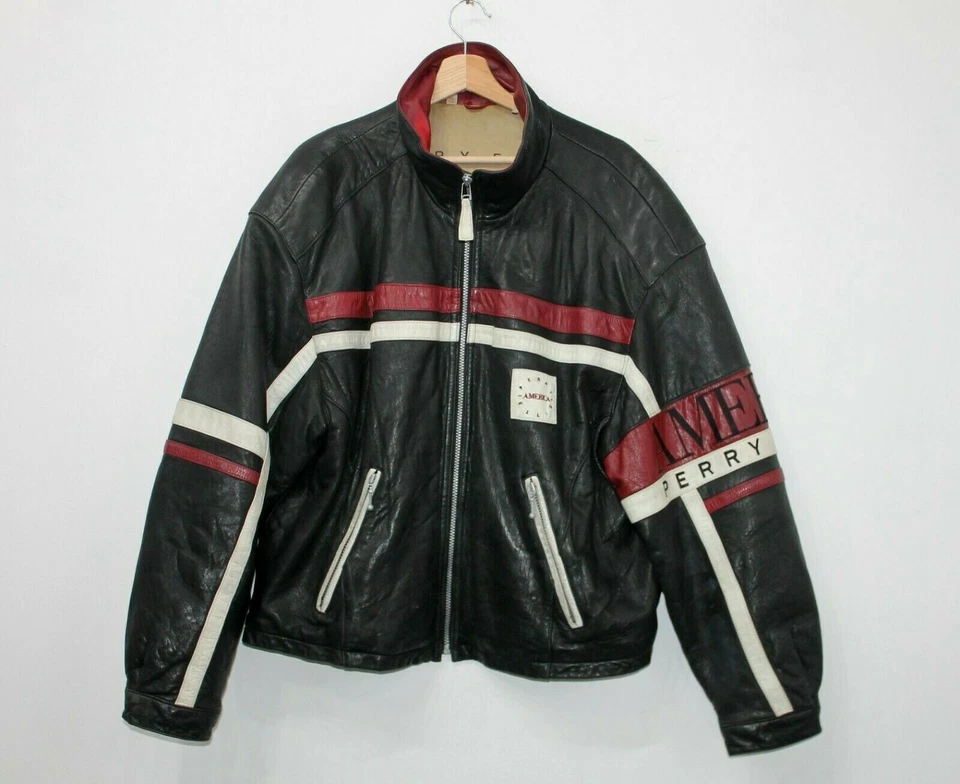 90s VTG Perry Ellis America Black Leather Cowhide Motorcycle Jacket Mens Size XL - Image 2 of 4