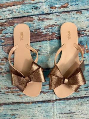 MELISSA Flip Flops Beige/ Pink Rubber Jelly W/ Glitter Bow Thong
