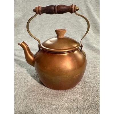 Vintage Copper Tea Kettle Brass Handle Wood Grip Stovetop Decorative Teapot