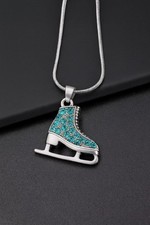 Ice Skate Pendant Necklace Silver Tone Blue CZ Crystal Figure Skating Jewelry