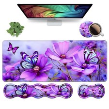 Ergonomic Keyboard Wrist Rest  Mouse Pad Large, Purple Flowers and Butterfly