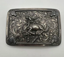 1.5” Vogt 925 Sterling Silver Hand Engraved Bronco Rider Belt Buckle Mexico