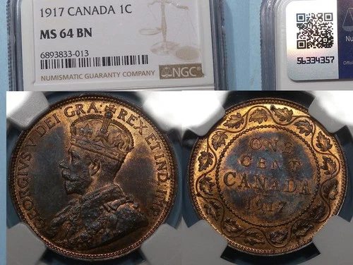 1917 CANADA CENT NGC MS 64 BN CANADA AUCTION COMP $135 #AC1-12