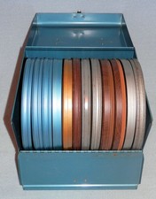 1 dozen 7 inch 8mm Film Take Up Reels - 12 400 Foot reels in Cans in Metal Case