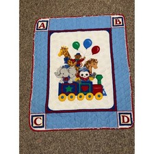 Vintage Children's Light Blue Train Animal baby toddler Quilt bedding crib