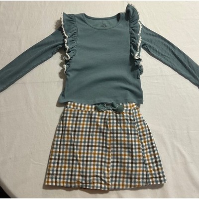 Max Studio 2pc Set Green Ribbed Long Sleeve Shirt Ruffles Plaid Skirt Girls 5/6