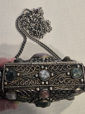 Vintage Sajai Metal Purse Handbag with Natural Agate Stones