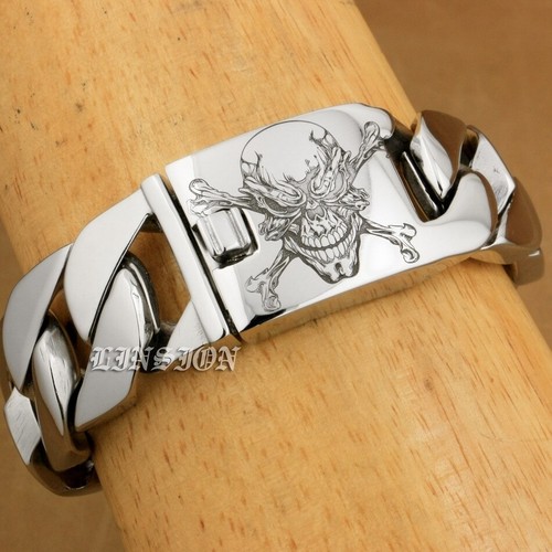 Engraved Pirate Skull Stainless Steel Bracelet Biker Punk Jewellery 5D101B - Picture 5 of 18