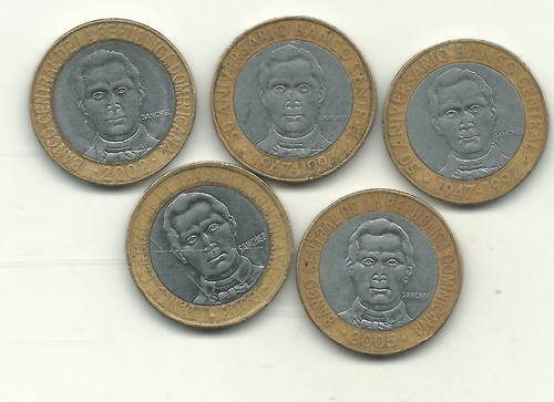 LOT 5 DOMINICAN REPUBLIC BIMETAL 5 PESOS COINS-(2)1997,2002,2005,2008-NOV206 - Picture 2 of 2