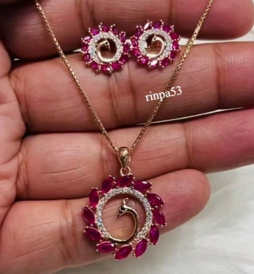 Conjunto de joyas Peacock Birmese Lab Syn rosa rubí regalo para mujer real en 925 SS Foto 3 de 4