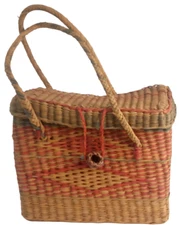 Vintage Straw Rattan Basket Purse Beach Door Decor Pink Green 2 Handles Faded