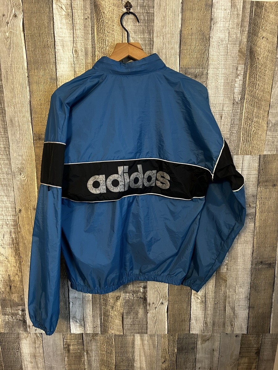 Vintage 80s Adidas Windbreaker Jacket Full Zip Hooded Blue Medium