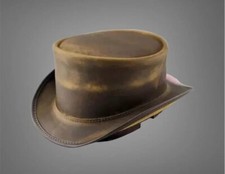Vintage Brown Leather Top Hat   Handmade Steampunk Gothic Cosplay Hat for Men