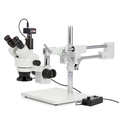 7X-45X Simul-Focal Stereo Zoom Microscope on Boom Stand + Ring Light + 5MP USB3