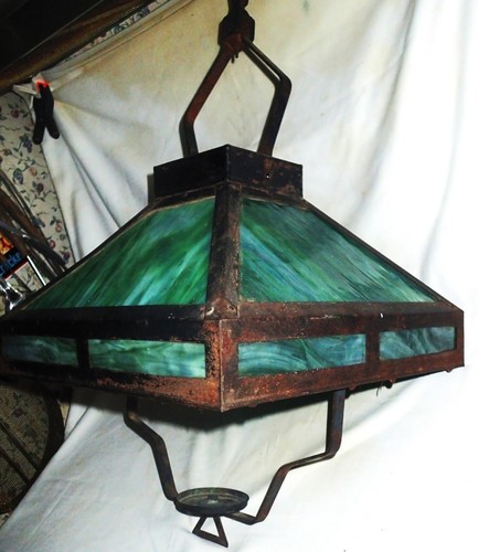 ANTIQUE MISSION ARTS CRAFT CEILING GREEN SLAG GLASS SHADE OIL LAMP METAL BRACKET - Picture 4 of 18