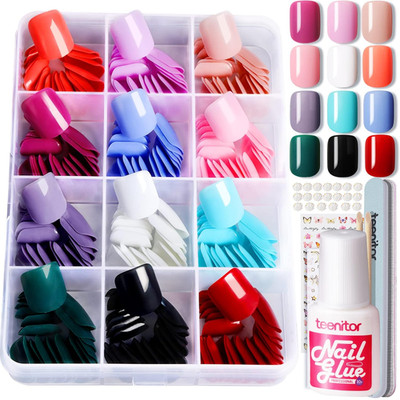 288 Pcs Short Square Press on Nails Artificial Acrylic False Nails W/ Nail Glue