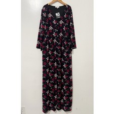 James & Erin Womens Black Pink Floral Button Front Elastic Waist Maxi Dress L