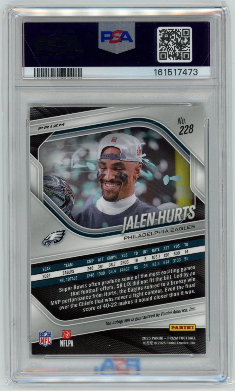 Jalen Hurts 2025 Panini Prizm Auto Silver Prizm PSA 9 MINT #228 Eagles view 2
