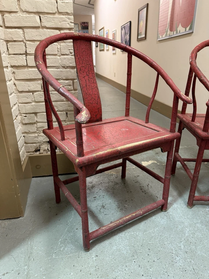 Vintage Chinese Ming Style Horseshoe Chairs w Red Paint - Image 3 of 4