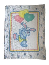 Bunny Balloons Crib Quilt Nursery Bedding 42 x 32" handmade Vtg White w/ Pastels