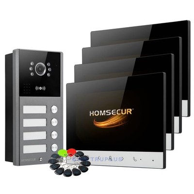 HOMSECUR 4-Wege Video Türklingel Gegensprechanlage mit Schlüsselanhänger Zugang, Stummschaltmodus, HD-Kamera
