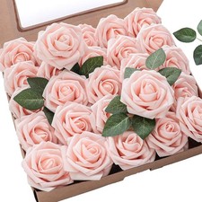 Artificial Flowers 25pcs, Blush Foam Roses with Stems, DIY Wedding Bouquets