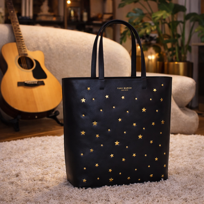NEW Tory Burch Fleming Gold Star Studs Black Soft Leather Small