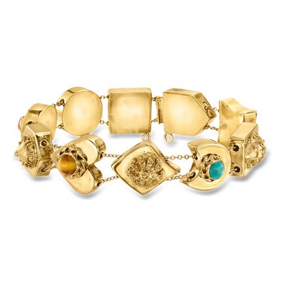 Vintage Multi-Gemstone Slide Charm Bracelet in 14kt Yellow Gold. 8 inches