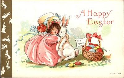 Easter Girl with Easter Bunny Animals B.E.B. c1900s-10s Vintage Postcard