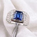 Men's Emerald Cut Blue Sapphire Ring, Sterling Silver Statement Band Men's Ring