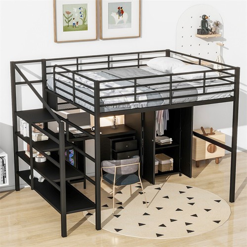 Full Size Metal Loft Bed w/Desk Set ,Wardrobe & Storage Shelves for Teen Adults - Picture 18 of 18
