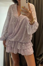 jOHN ZACK LIGHT PURPLE STAR PRINT PLUNGE FRONT RUFFLED TIERED MINI-DRESS