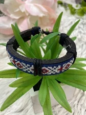 Black Leather Embroidery Aztec adjust Pattern Rope Cord Pull Tie Bracelet Boho
