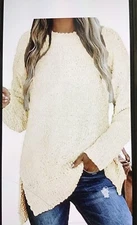 Qearal Women’s Long Sleeve Fuzzy Knitted  Sweater Popcorn Side Split Loose Pullo