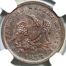 1837 HT-73 NGC MS 64 BN HALF CENT OF COPPER Hard Times Token