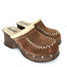 Vintage 90's Y2K Mudd Chunky Platform Brown Suede Wm's 8.5 Moc Toe Mules