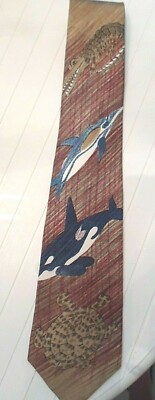 Vintage World Wildlife Silk Tie Design No.105 Turtle Whale Hippo, Alligator