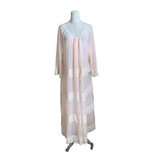 Vintage 60s Intime Pink Robe Peignoir Double Chiffon Nylon Lace Lingerie Glamour