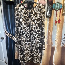Karen Kane Leopard Print Sheath Dress L Brown Black Beige Long Sleeve Knee Round