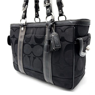 Coach X2K Big Signature Canvas Turn Lock Tote Black Silver Hardware Unisex Auth