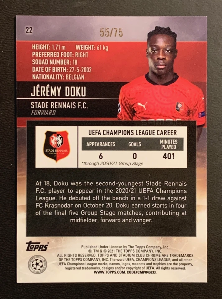 2020-21 Topps Stad. Club Chrome UCL #22 | JÉRÉMY DOKU | RC Rookie | G/Y Wave /75 - Image 2 of 3