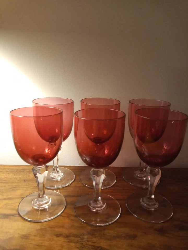 6 Cranberry / cut Sherry Port wine Glasses & matching Wine Jug, Excellent - Image 3 of 4