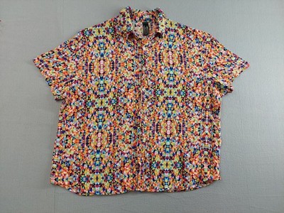 Phluid Project Women Shirt 2X Tan Abstract Print Short Sleeve Button Up Hawaiian