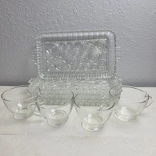 Vintage MCM Anchor Hocking Colonial Lady Serva-Snack Set of 4 Glass Plate w/Cups