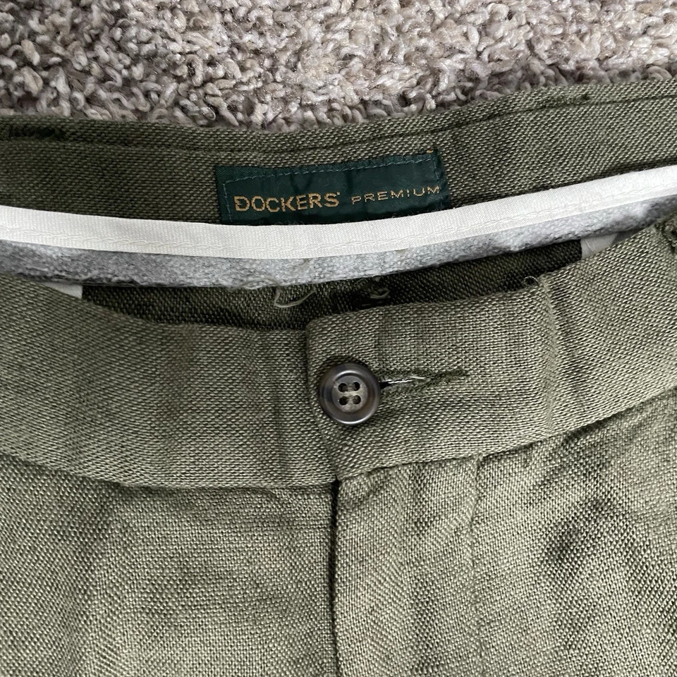 De Colección Pantalones Dockers Para Hombres 32x32 Lino Plisado Espiga Pantalones Relajados Oliva Foto 4 de 4