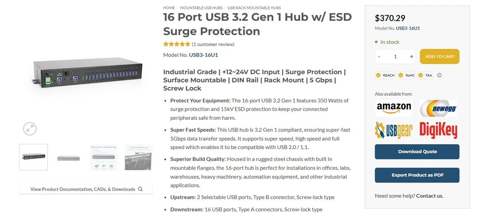 COOLGEAR USB3-16U1 16 puertos USB 3.1 Gen 1 concentrador y protector contra sobretensiones con kit de riel DIN Foto 4 de 4