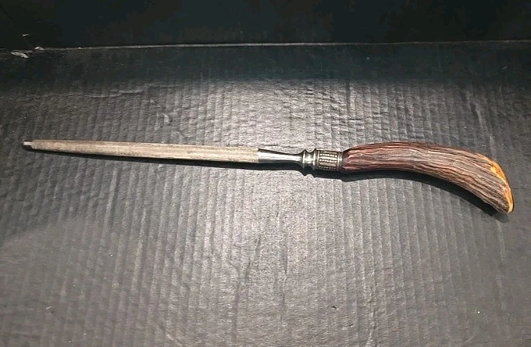 Vintage - Antler Bone Handle Steel Knife Sharpener - With Sterling On Hilt